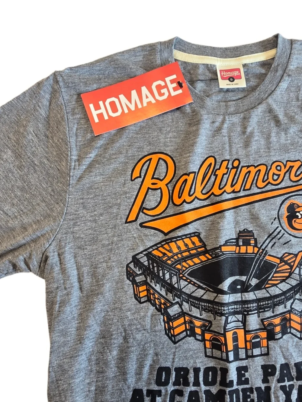 HOMAGE Gray Tee with Orange Baltimore Stadium Graphic Size Small